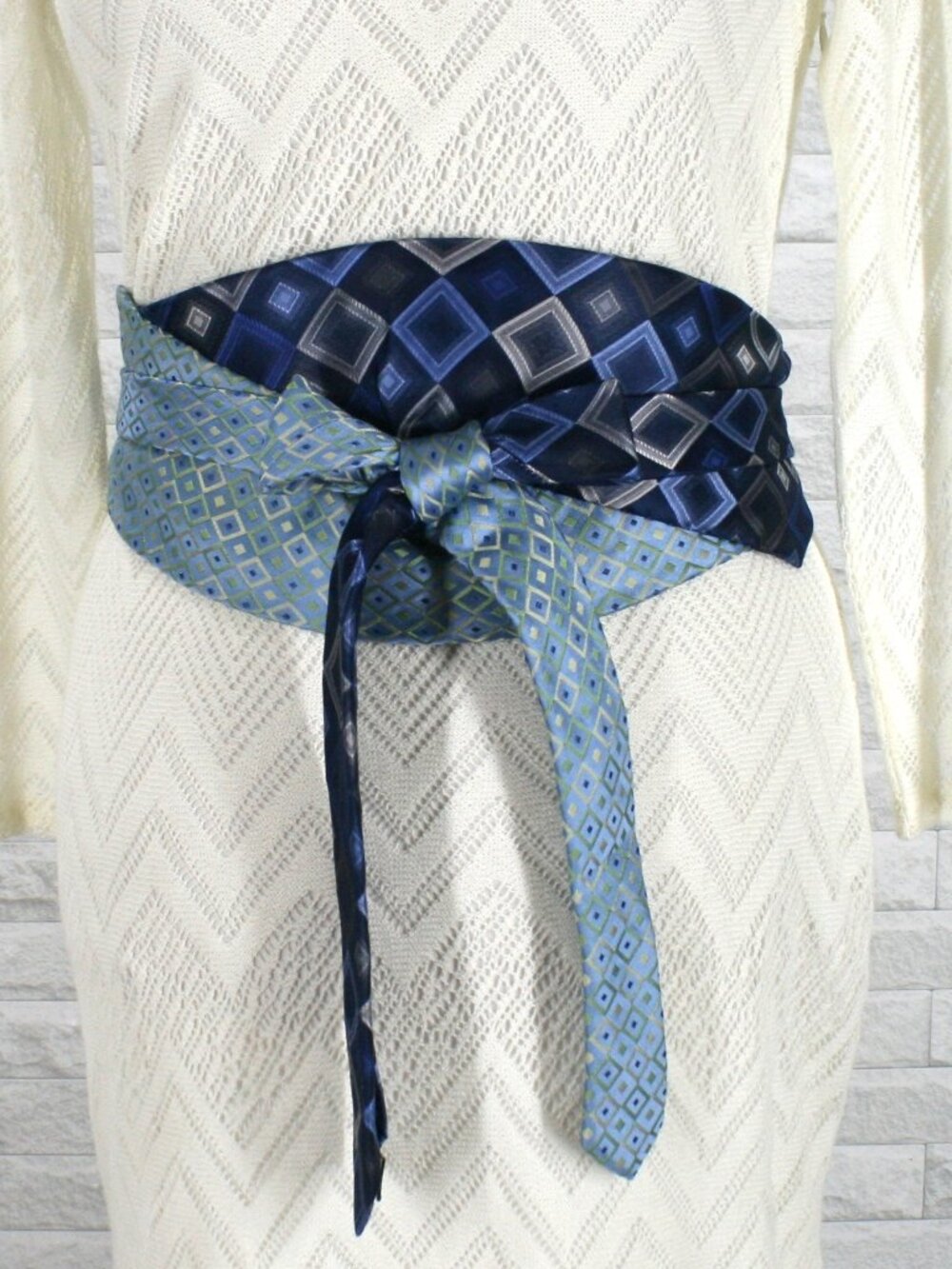 HAND CRAFTED Belt Necktie Upcycled Cummerbund Wrap Silk Wide Obi Waist Blue